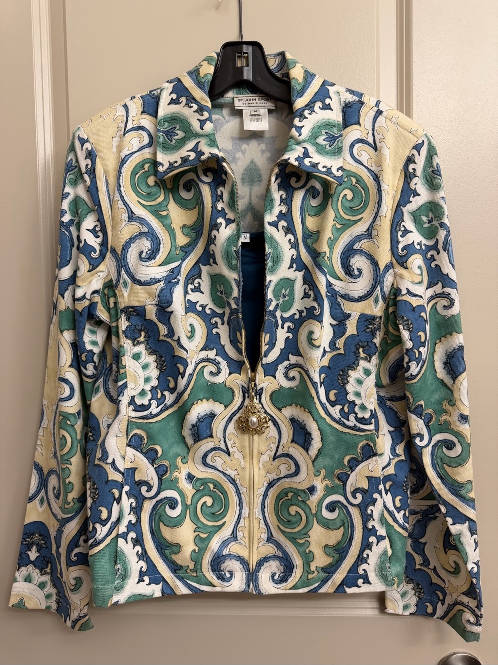 St. John Sport by Marie Gray Blue Green Cream Printed Zip Jacket